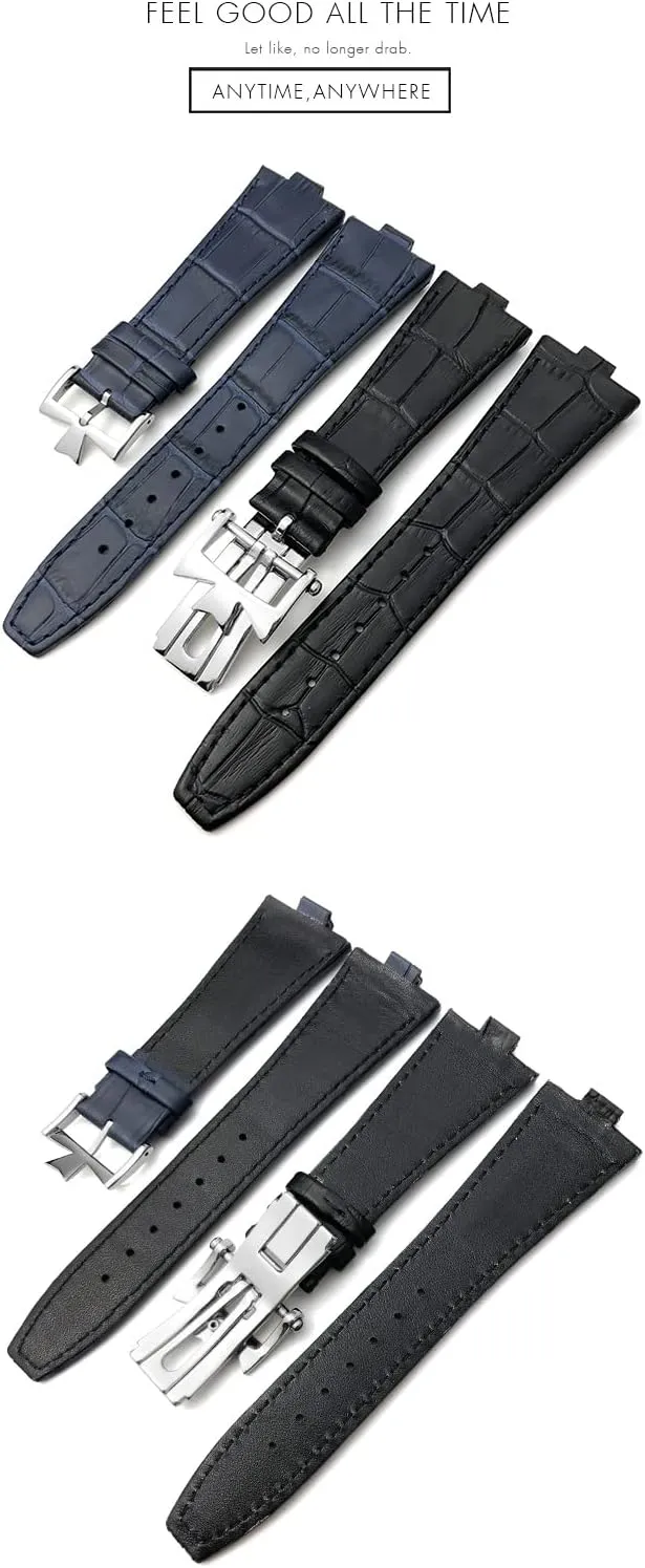 25-8mm Genuine Leather Convex Interface Watch Strap，For Vacheron Constantin Overseas Black Blue Brown Bamboo Grain Watch Bands