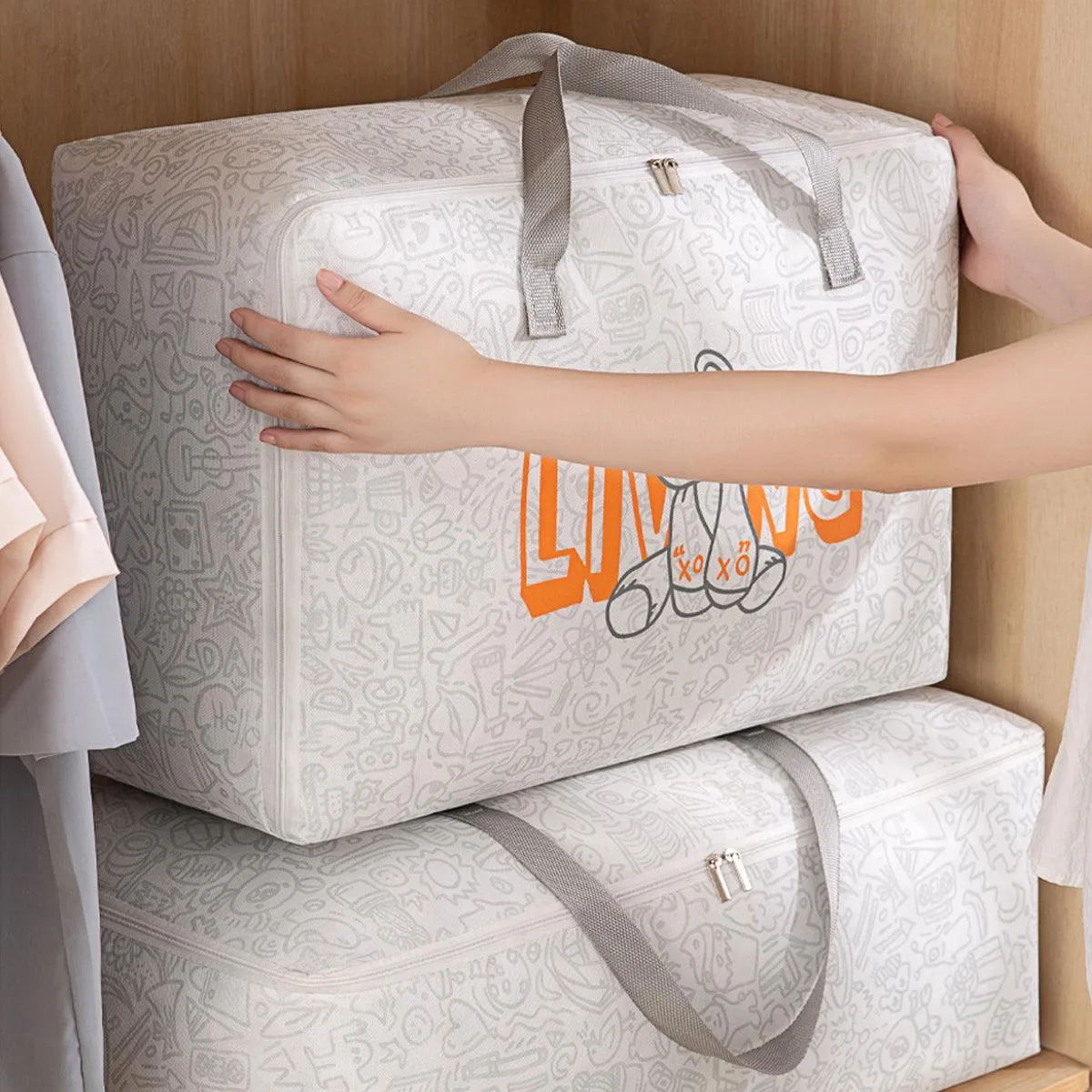2pcs Cartoon Bear Luggage Organizer Storage Bags Blanket Quilt Closet Box Set