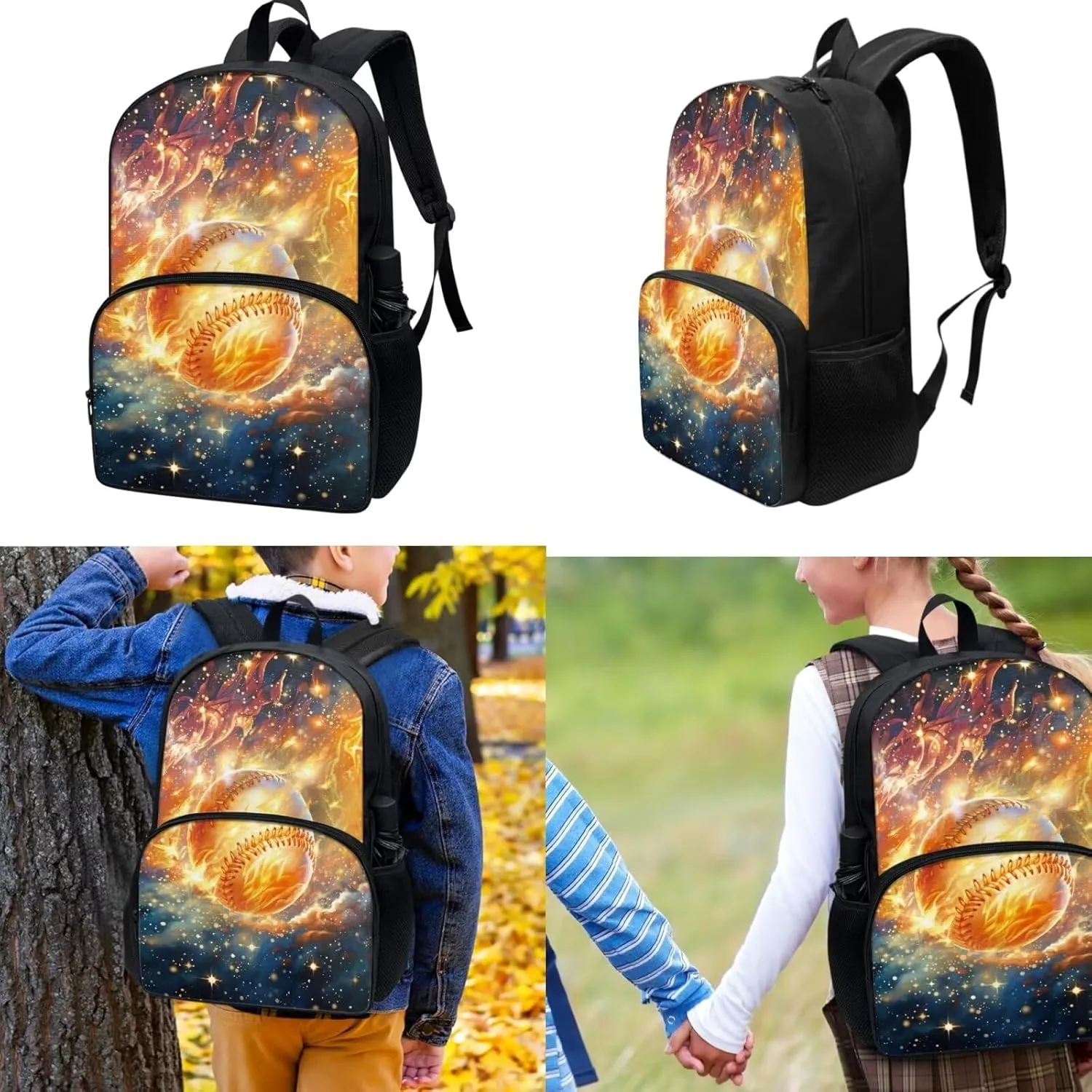 3 Pack School Bag for Boys Baseball Fire Print Backpack Bookbag Satchel with Lunch Box Pencil Case Elementary/Primary/Middle Kids Backpack Daypack Satchel Set