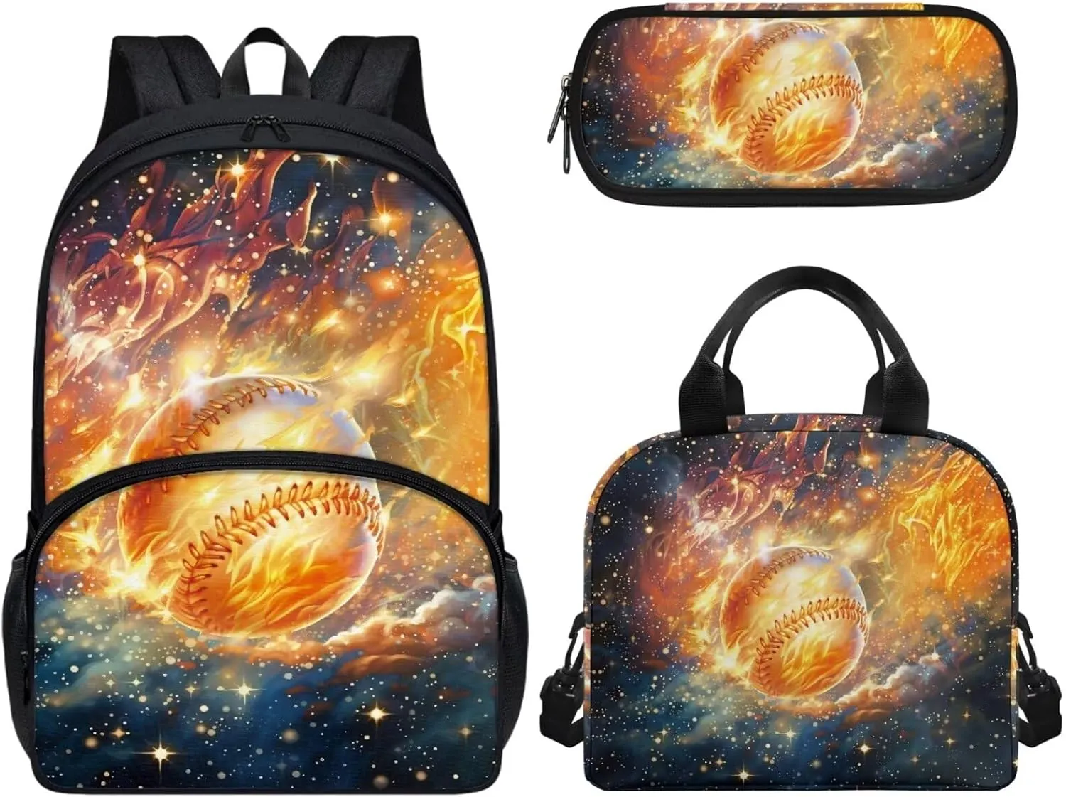 3 Pack School Bag for Boys Baseball Fire Print Backpack Bookbag Satchel with Lunch Box Pencil Case Elementary/Primary/Middle Kids Backpack Daypack Satchel Set