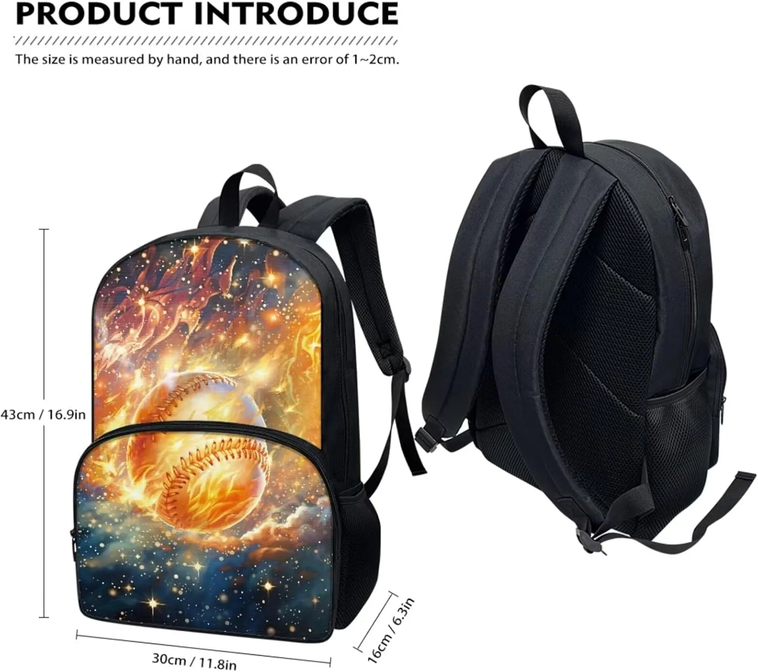 3 Pack School Bag for Boys Baseball Fire Print Backpack Bookbag Satchel with Lunch Box Pencil Case Elementary/Primary/Middle Kids Backpack Daypack Satchel Set