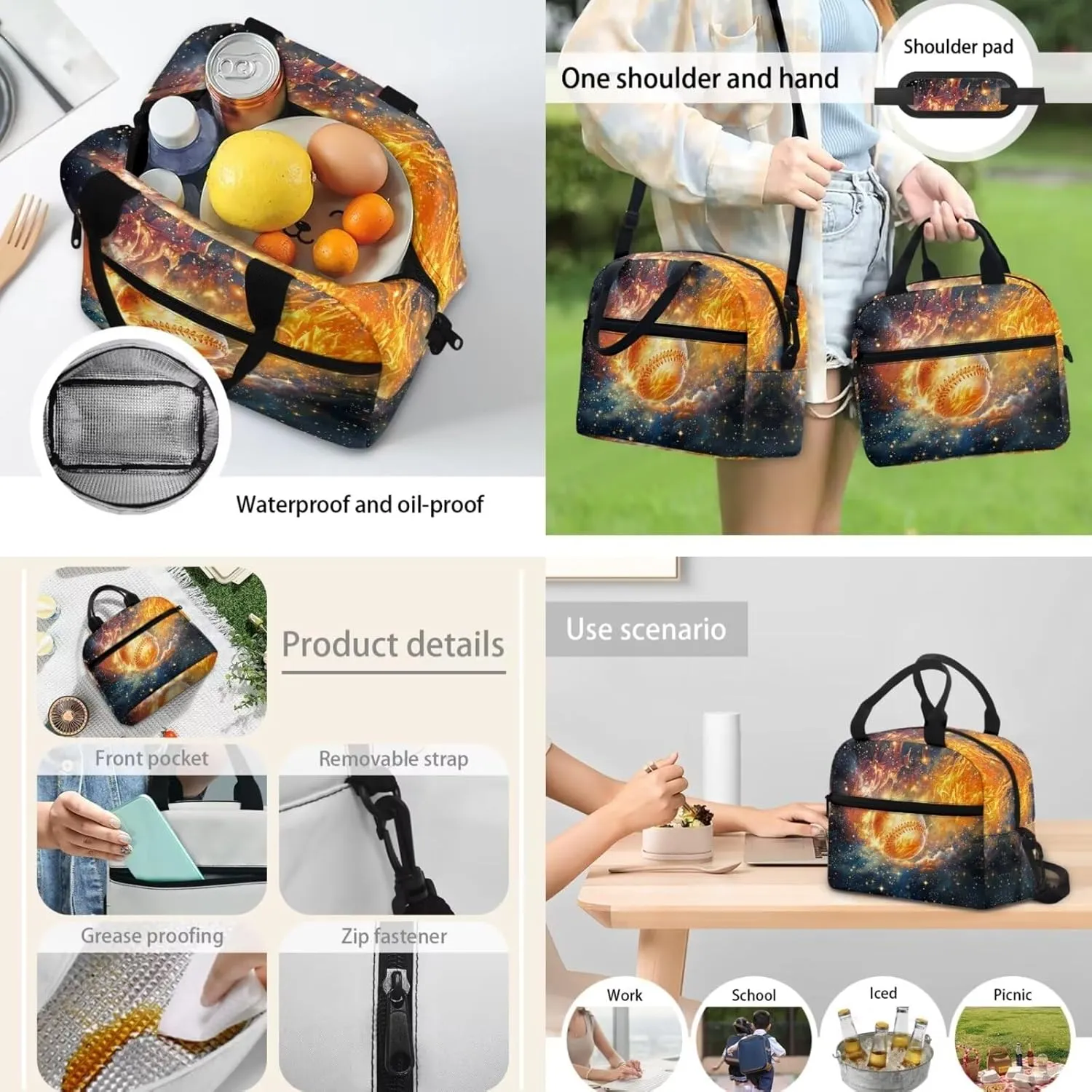 3 Pack School Bag for Boys Baseball Fire Print Backpack Bookbag Satchel with Lunch Box Pencil Case Elementary/Primary/Middle Kids Backpack Daypack Satchel Set