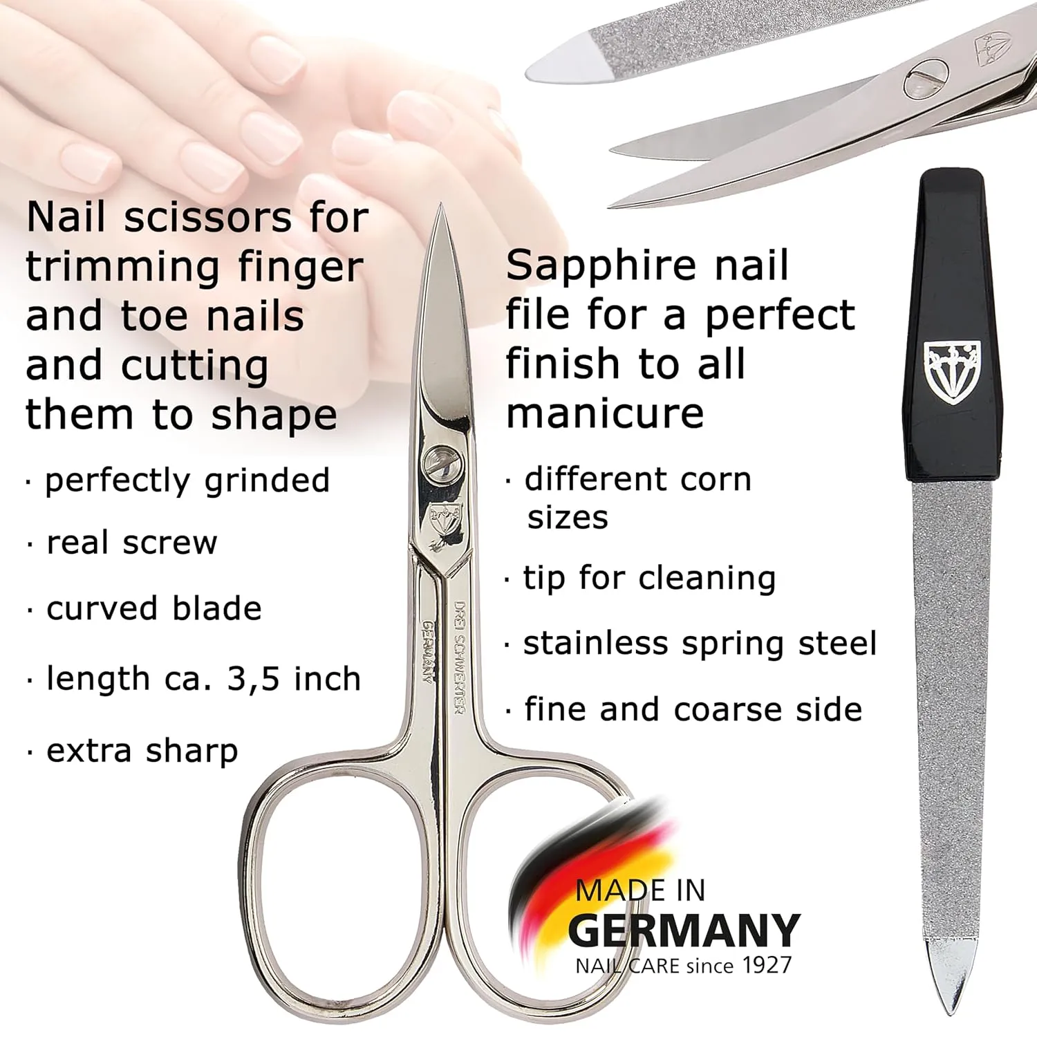 3 Swords Germany - brand quality 3 piece manicure pedicure grooming kit set for professional finger & toe nail care scissors file genuine leather case in gift box, Made in Solingen Germany (03744 )