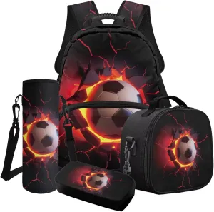 3D Lava Soccer Print Backpack Set of 4, Primary School Bookbag for Elementary Student Book Bag Schoolbag Casual Daypack Travel Rucksack 17 Inch Knapsack