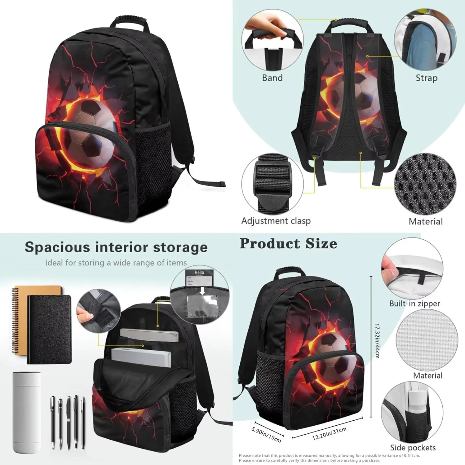 3D Lava Soccer Print Backpack Set of 4, Primary School Bookbag for Elementary Student Book Bag Schoolbag Casual Daypack Travel Rucksack 17 Inch Knapsack