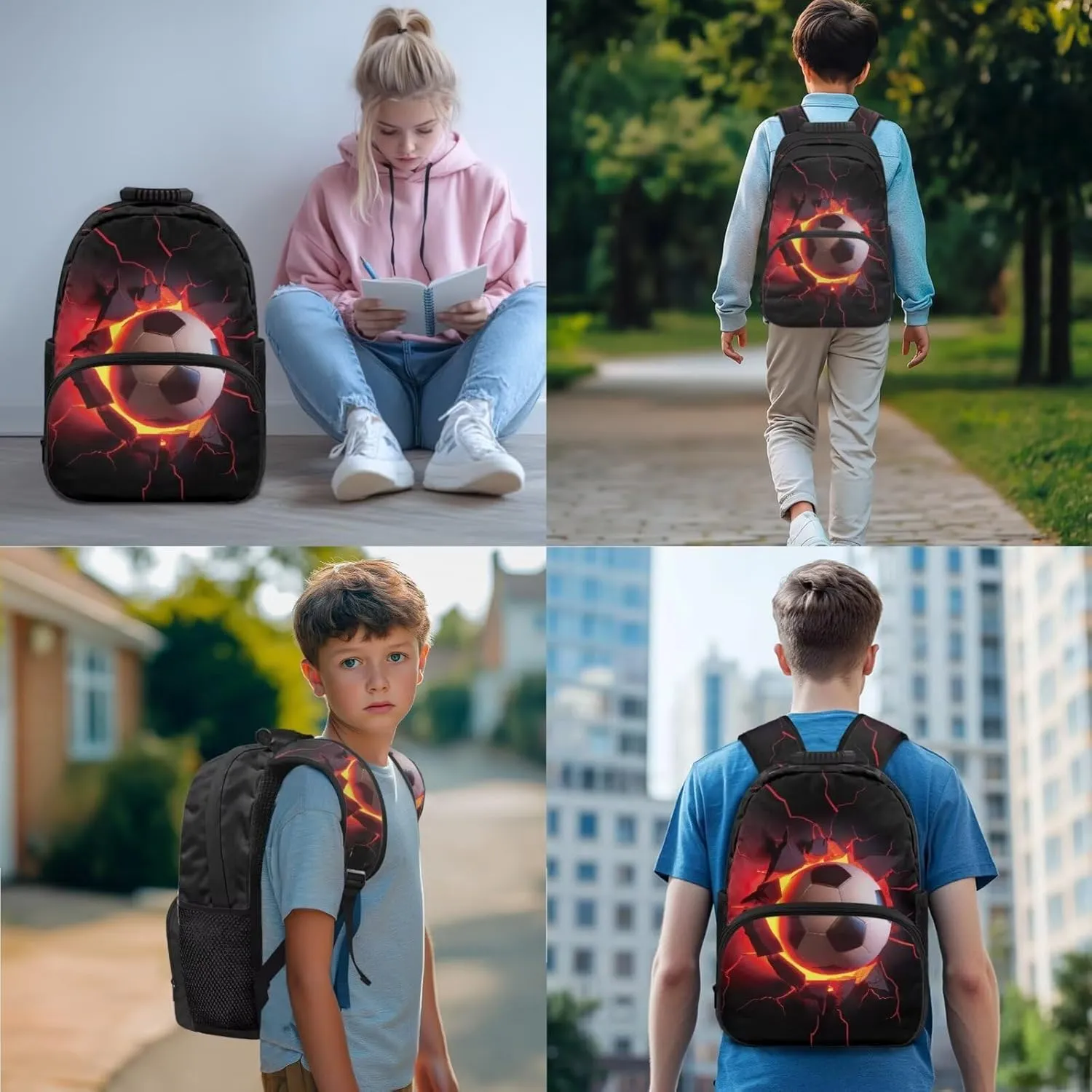 3D Lava Soccer Print Backpack Set of 4, Primary School Bookbag for Elementary Student Book Bag Schoolbag Casual Daypack Travel Rucksack 17 Inch Knapsack