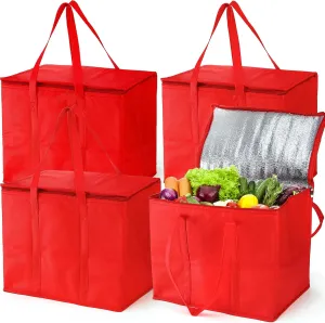 4 Pack Insulated Reusable Grocery Bags, X-Large Foldable Cooler Bag with Zippered Top, Shopping Bags for Groceries, Food Delivery Bags Cooler Totes for Hot or Cold Food, Travel, Camping, Picnic
