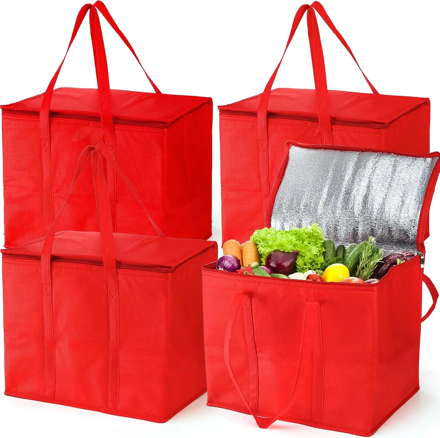 4 Pack Insulated Reusable Grocery Bags, X-Large Foldable Cooler Bag with Zippered Top, Shopping Bags for Groceries, Food Delivery Bags Cooler Totes for Hot or Cold Food, Travel, Camping, Picnic