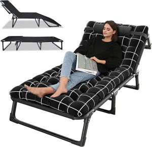 4-Position Adjustable Camping Cot, Reclining Folding Chaise Lounge with Pillow, Portable Outdoor Sleeping Bed for Camping, Beach, Pool, Patio and Office 75cm