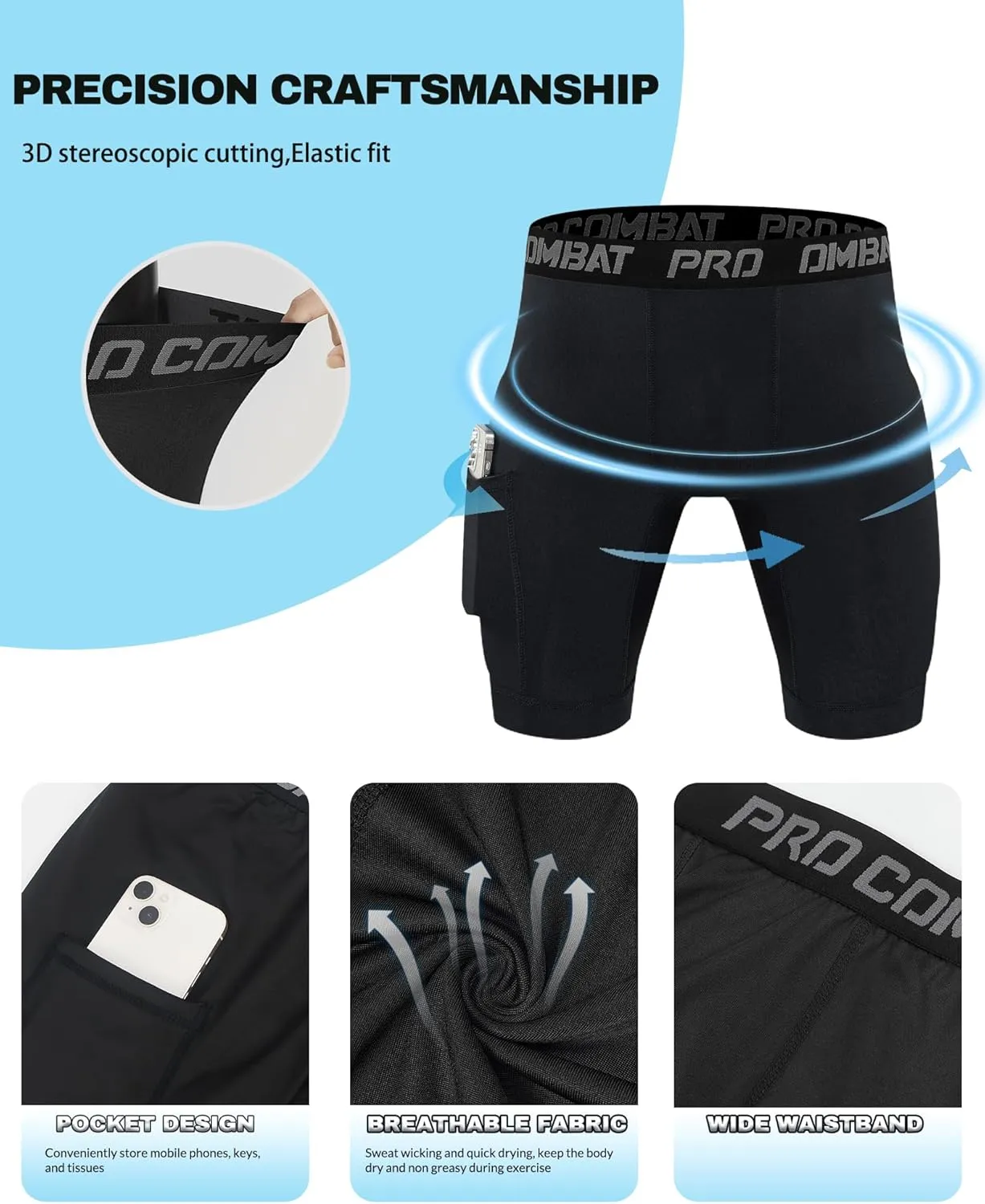5 Pack Compression Shorts Men with Pocket Spandex Athletic Baselayer Shorts Quick Dry Compression Sports Underwear