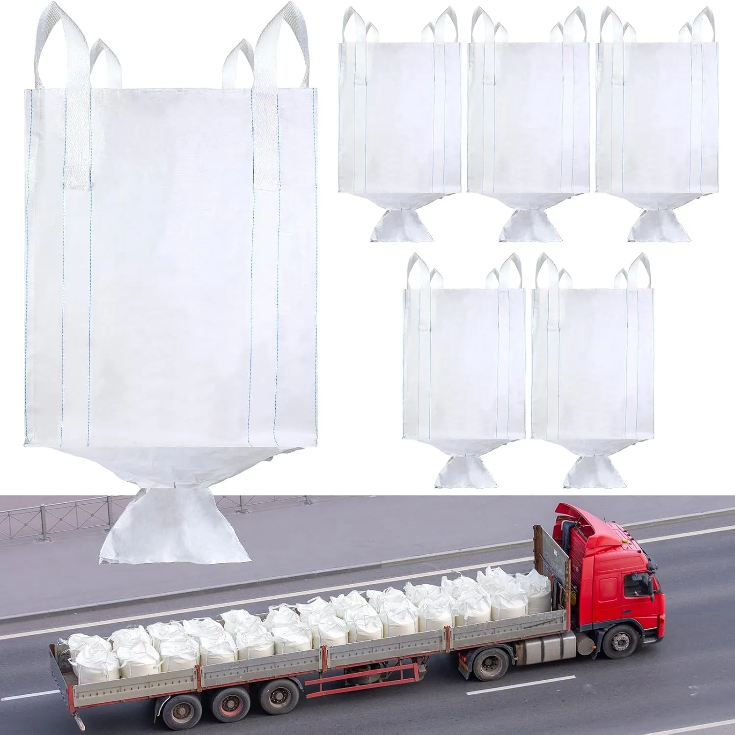 6 Pcs FIBC Bulk Bags 35" L x 35" W x 43" H, Holds Up To 3300 Lbs (SWL) Woven Polypropylene Sack for Dumpster, Feed Grain, Construction, Gravel, Waste Management, Sand Bags With 4 Lift Loops