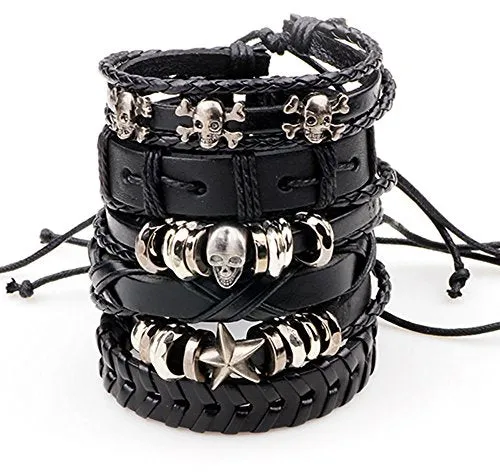 6-PCS Skull Mixed Stackable Braided Leather Cuff Bracelet