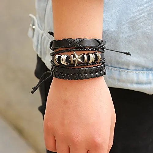 6-PCS Skull Mixed Stackable Braided Leather Cuff Bracelet