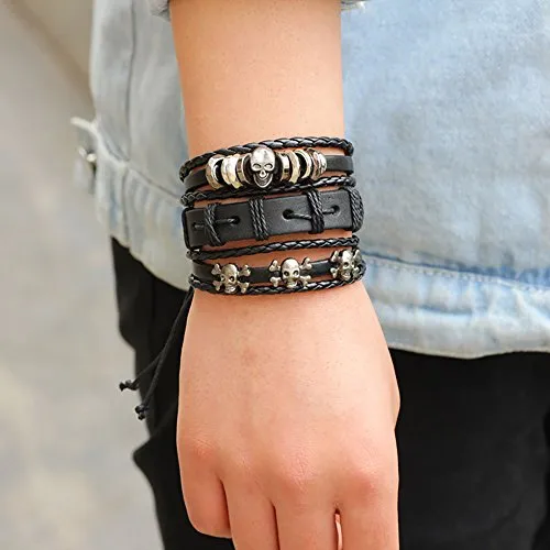 6-PCS Skull Mixed Stackable Braided Leather Cuff Bracelet