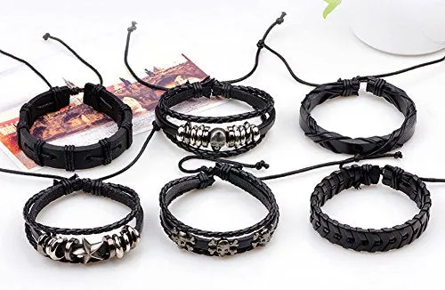 6-PCS Skull Mixed Stackable Braided Leather Cuff Bracelet