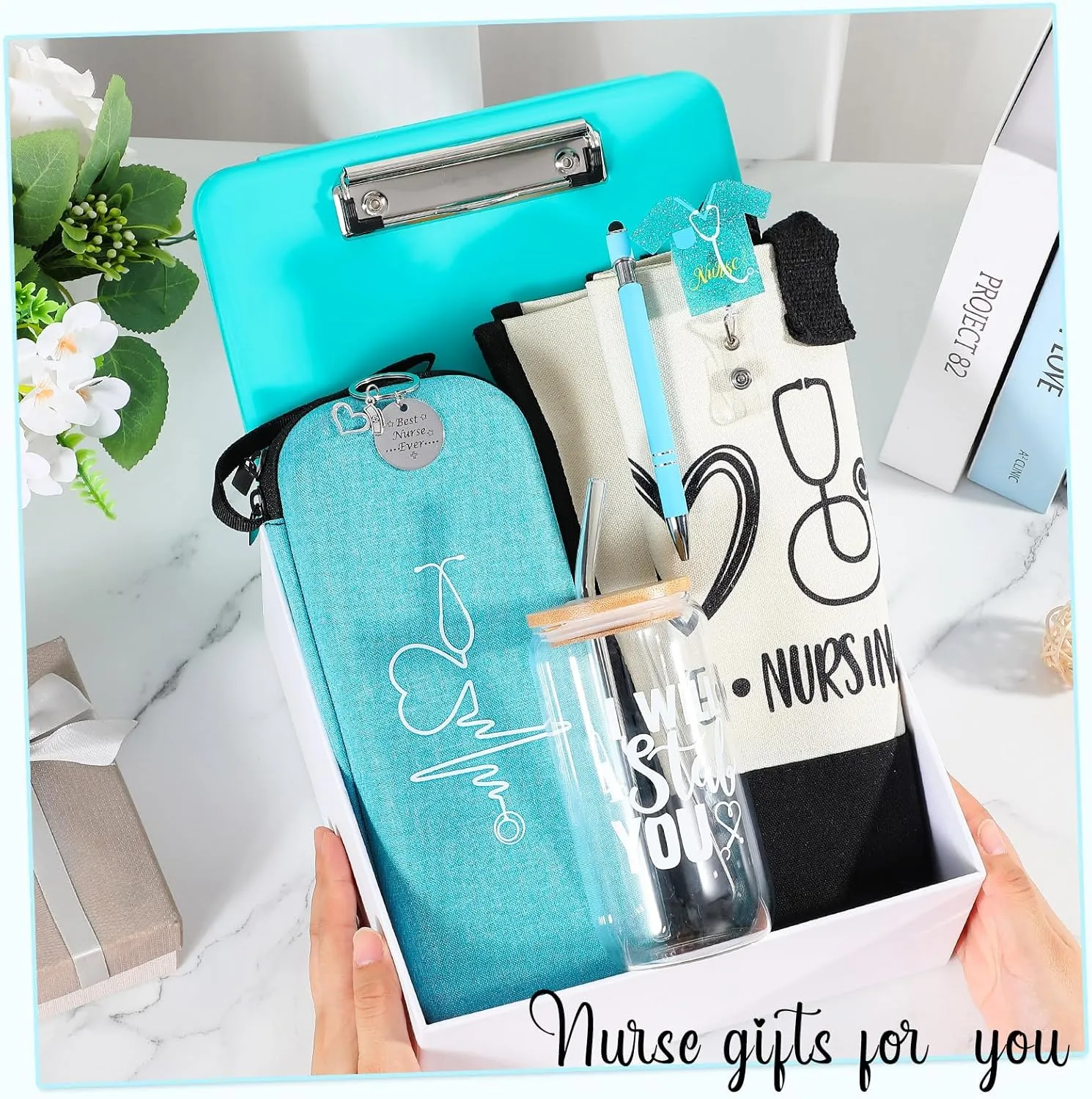 7 Pcs Nurse Week Gift for Women Nursing Graduation Gift Set Include Tote Bag Stethoscope Case Ballpoint Pen Badge Reel Clipboard(Blue,Fresh Style)