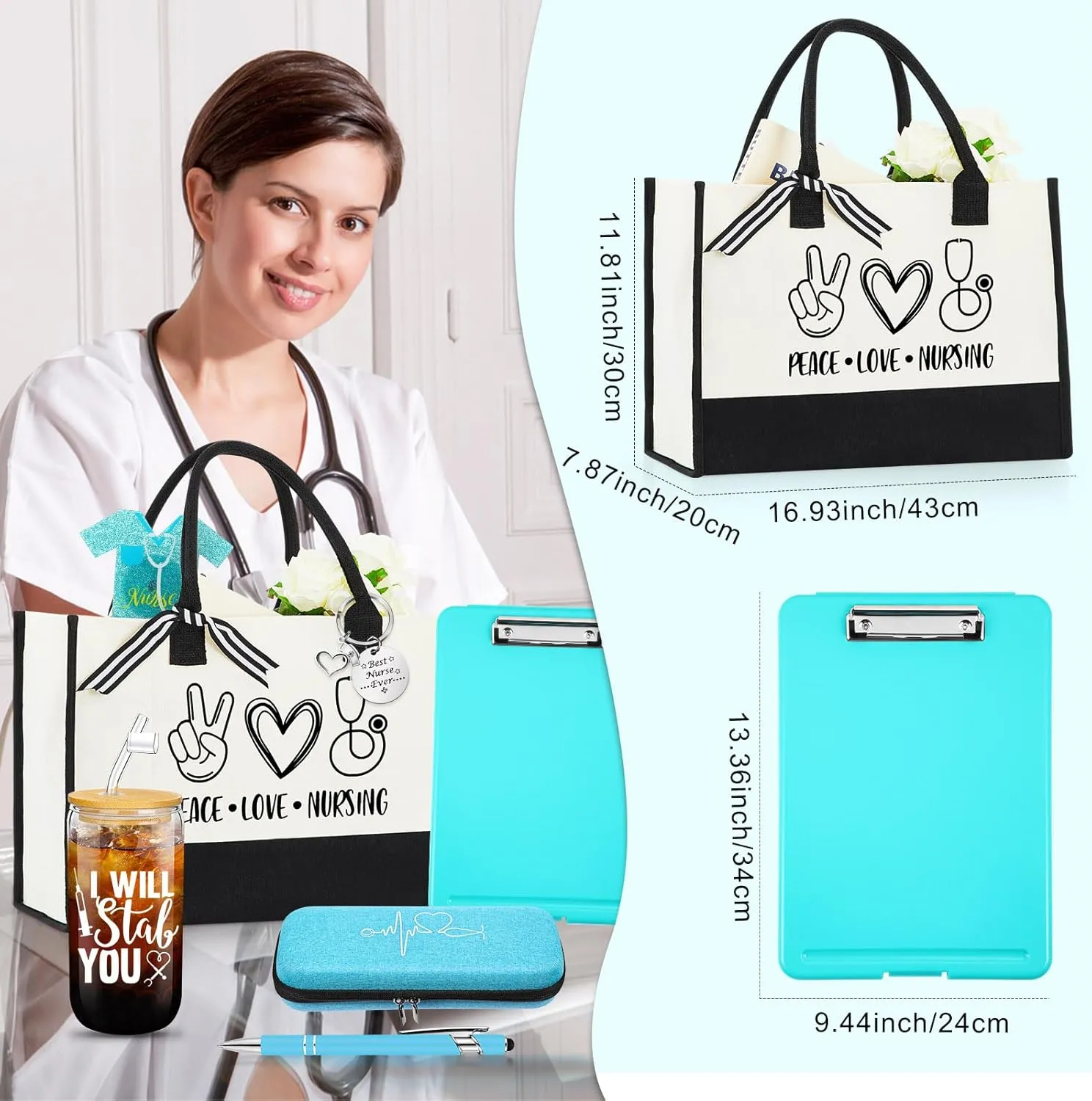 7 Pcs Nurse Week Gift for Women Nursing Graduation Gift Set Include Tote Bag Stethoscope Case Ballpoint Pen Badge Reel Clipboard(Blue,Fresh Style)