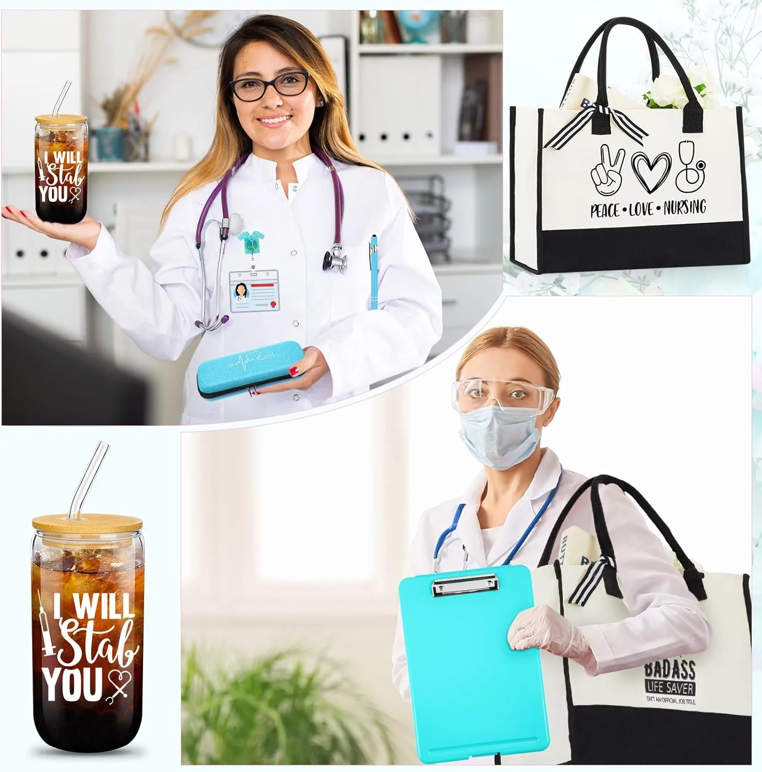 7 Pcs Nurse Week Gift for Women Nursing Graduation Gift Set Include Tote Bag Stethoscope Case Ballpoint Pen Badge Reel Clipboard(Blue,Fresh Style)