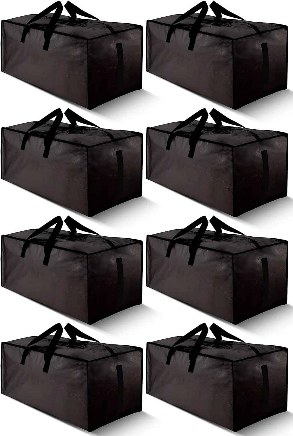 8 Pack Large Strong Bags with Zippers & Carrying Handles - Water-Resistant - Heavy Duty Storage Tote for Space Saving, Fold Flat, Alternative to Moving Box (Black)