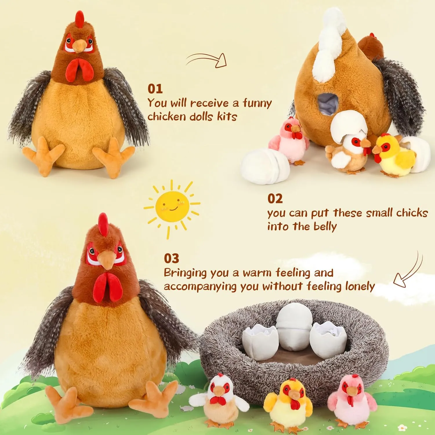 8Pcs Chicken Stuffed Animal, Stuffed Hen with Little Baby Chicks and Coop, Plush Toys for Kids, Hit of Christmas Farm Party