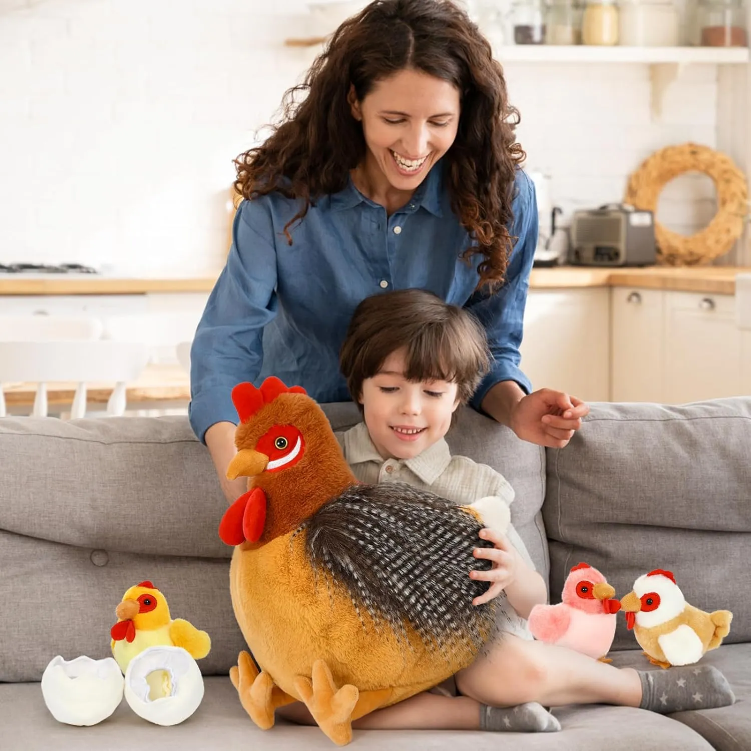 8Pcs Chicken Stuffed Animal, Stuffed Hen with Little Baby Chicks and Coop, Plush Toys for Kids, Hit of Christmas Farm Party