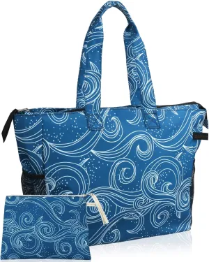 ABAMERICA Beach Bags Waterproof Sandproof Beach Tote Pool Bag with Zipper 7 Pockets Cosmetic Bag, Large Self Standing