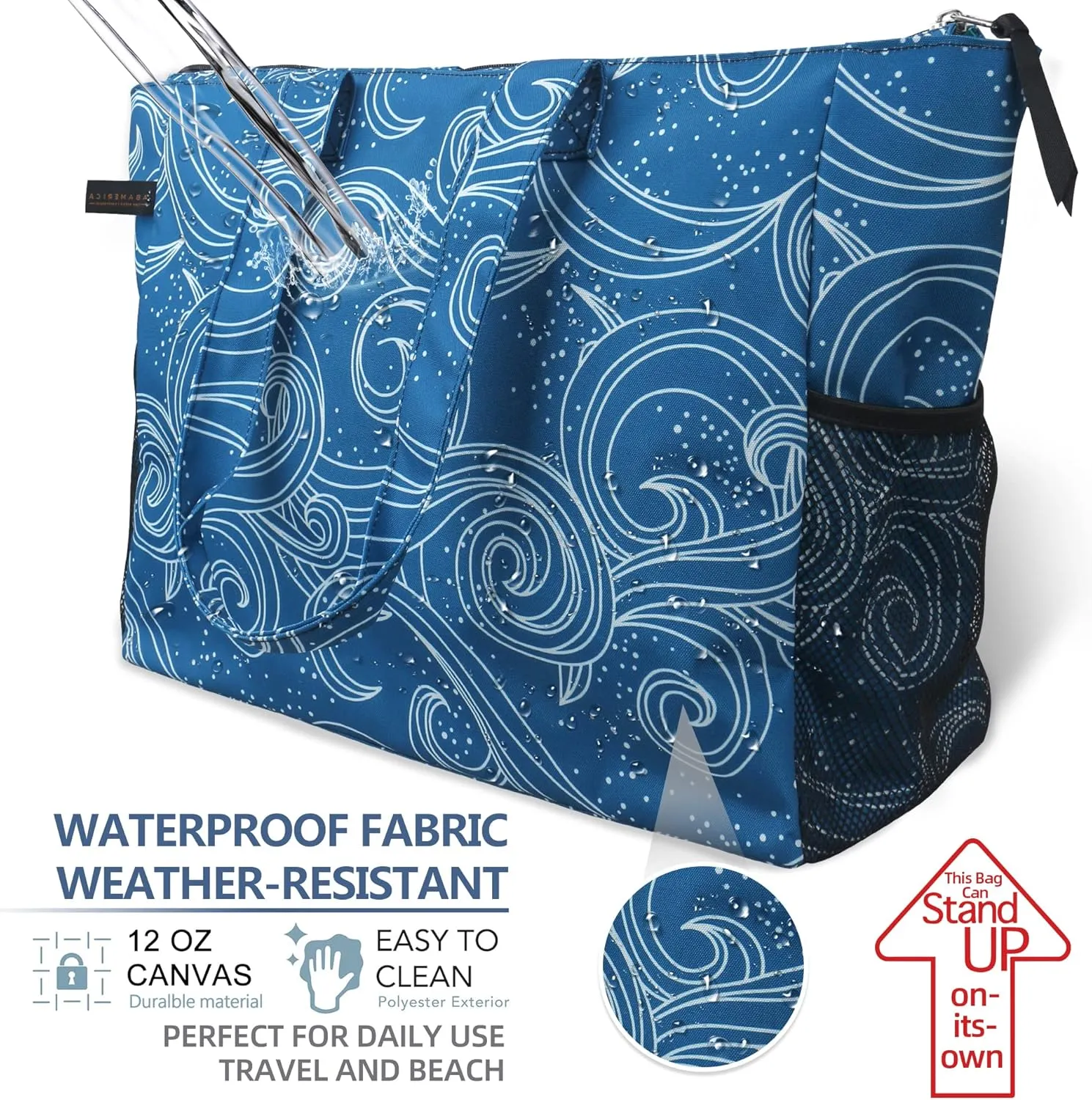 ABAMERICA Beach Bags Waterproof Sandproof Beach Tote Pool Bag with Zipper 7 Pockets Cosmetic Bag, Large Self Standing