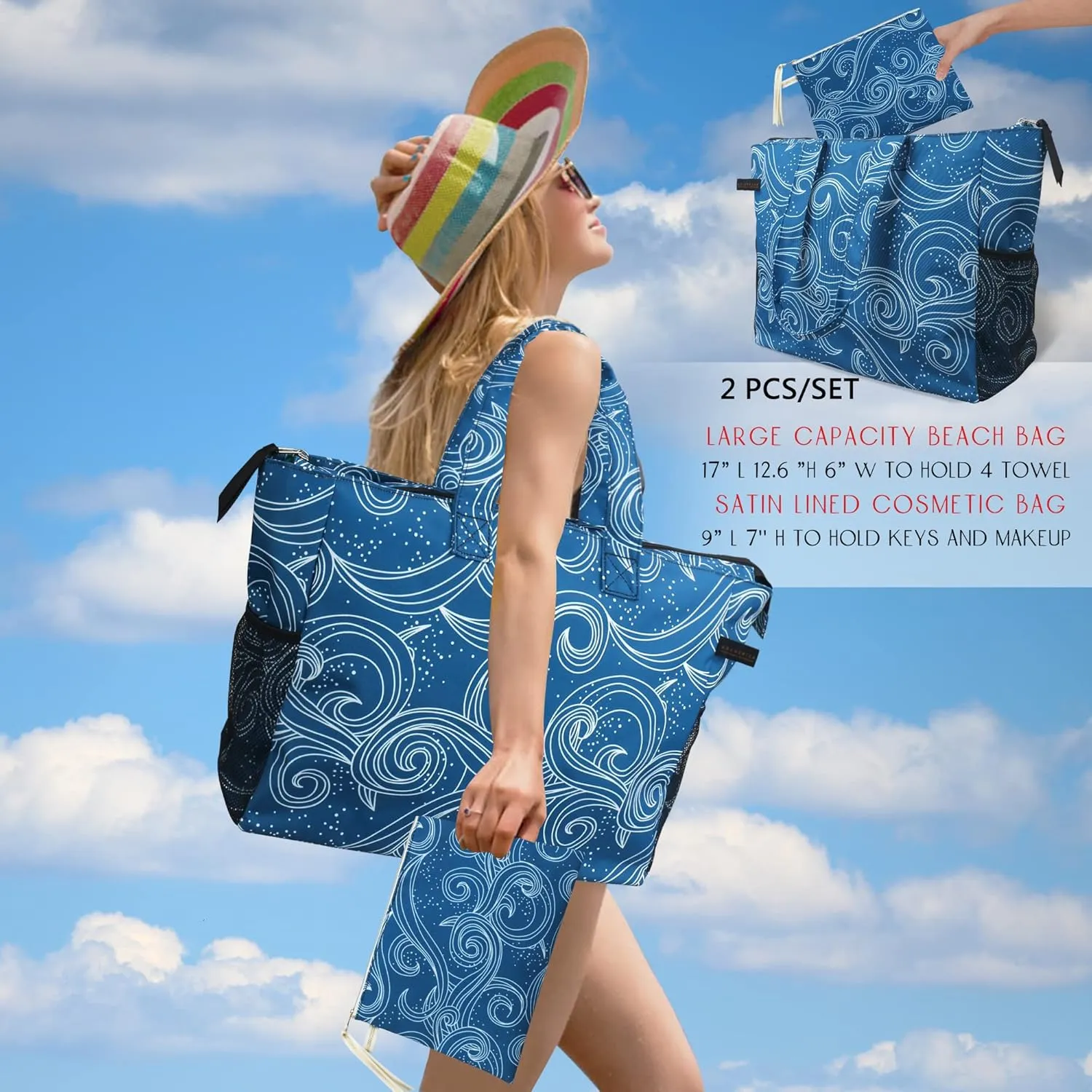 ABAMERICA Beach Bags Waterproof Sandproof Beach Tote Pool Bag with Zipper 7 Pockets Cosmetic Bag, Large Self Standing