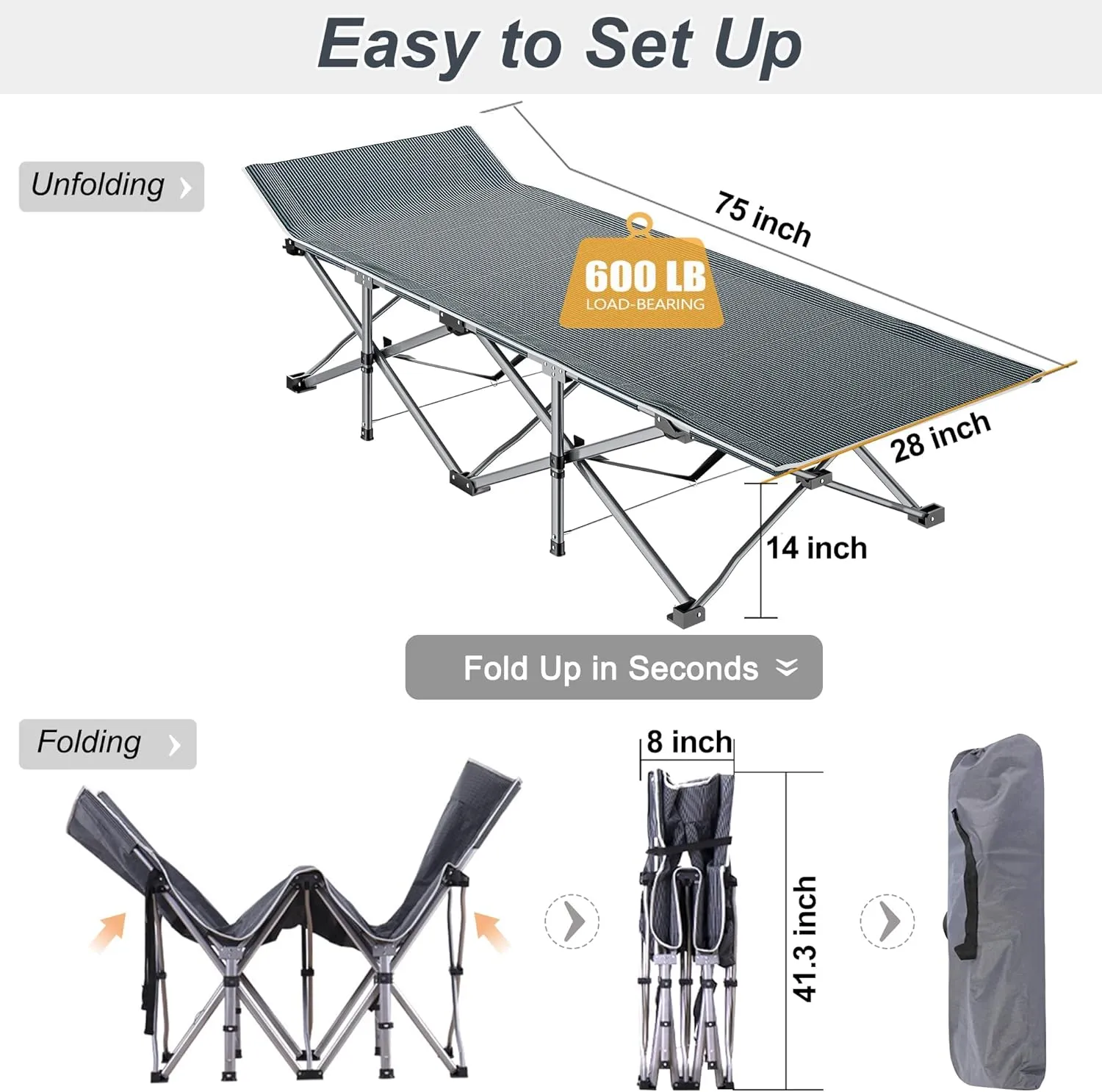 ABORON Folding Camping Cot for Adults, Double Layer 1200D, 500lb Capacity, Heavy Duty Guest Cot with Mat & Carrying Bag for Indoor & Outdoor Use