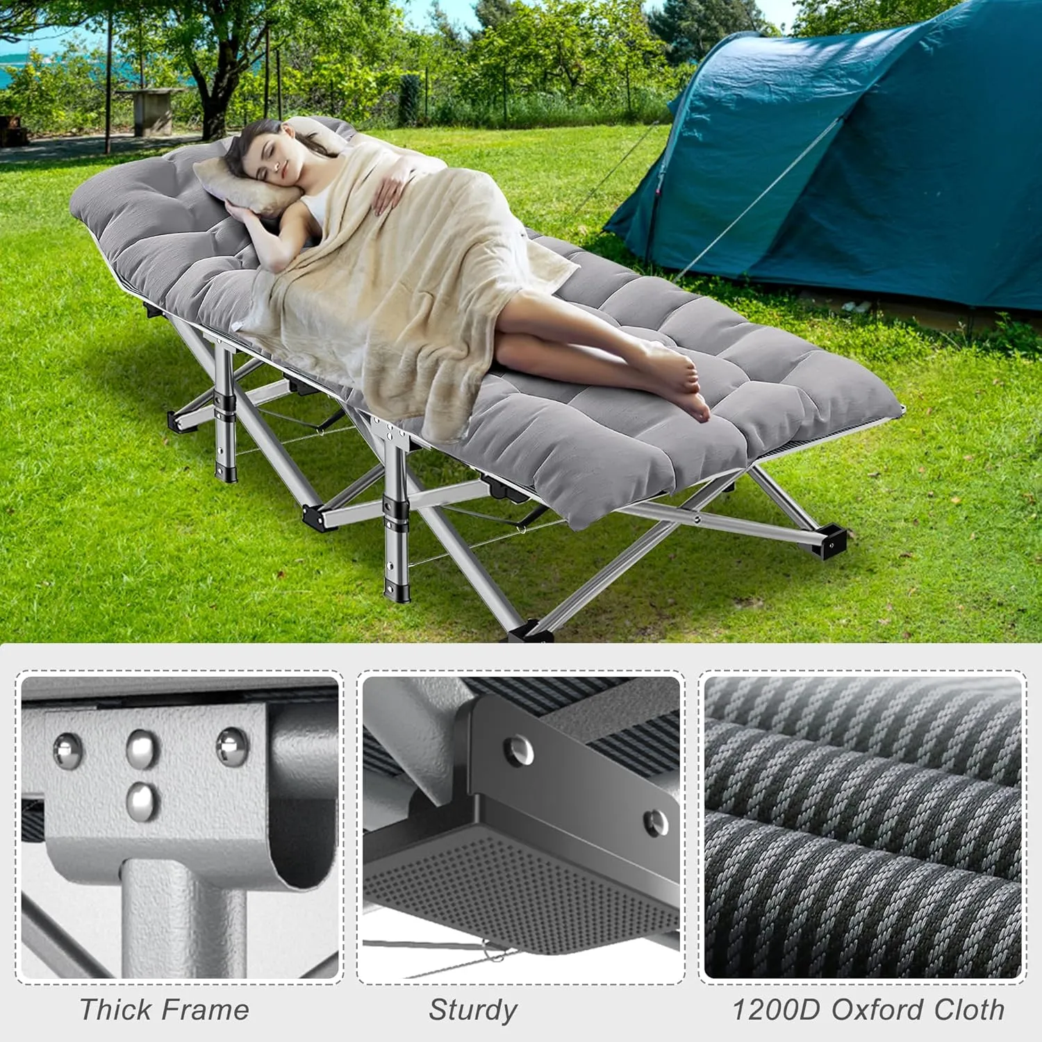 ABORON Folding Camping Cot for Adults, Double Layer 1200D, 500lb Capacity, Heavy Duty Guest Cot with Mat & Carrying Bag for Indoor & Outdoor Use
