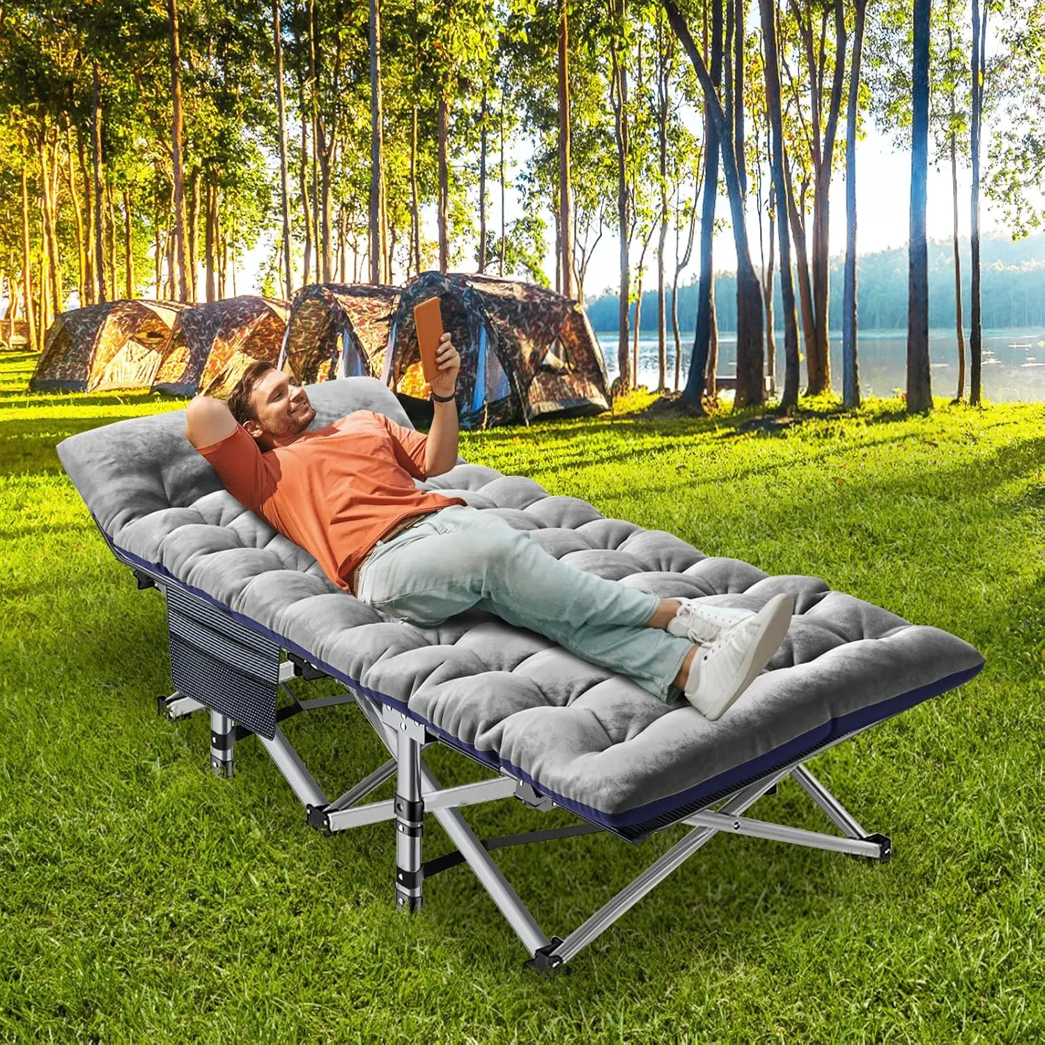ABORON Folding Camping Cot for Adults, Double Layer 1200D, 500lb Capacity, Heavy Duty Guest Cot with Mat & Carrying Bag for Indoor & Outdoor Use