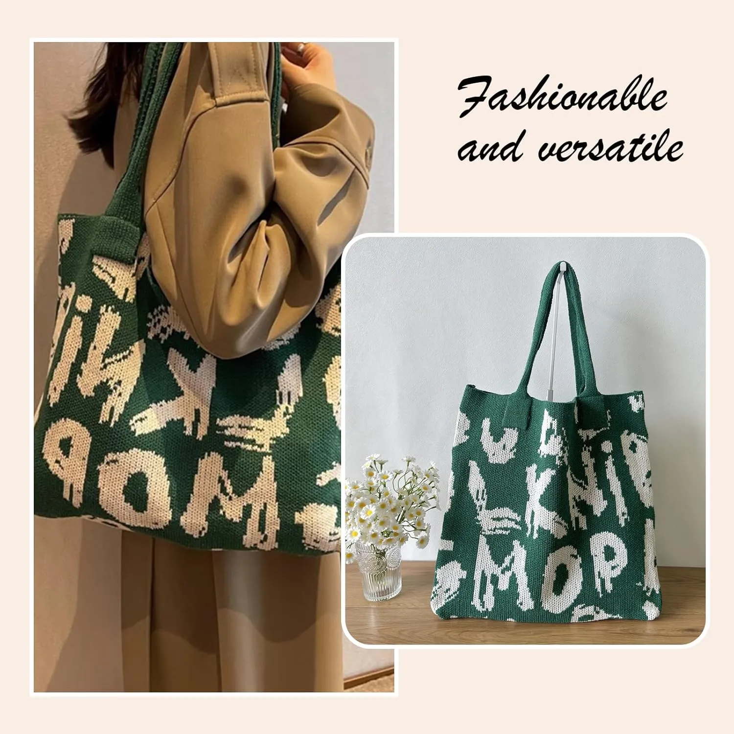 Alphabet Pattern Woven Canvas Beach Tote Bag