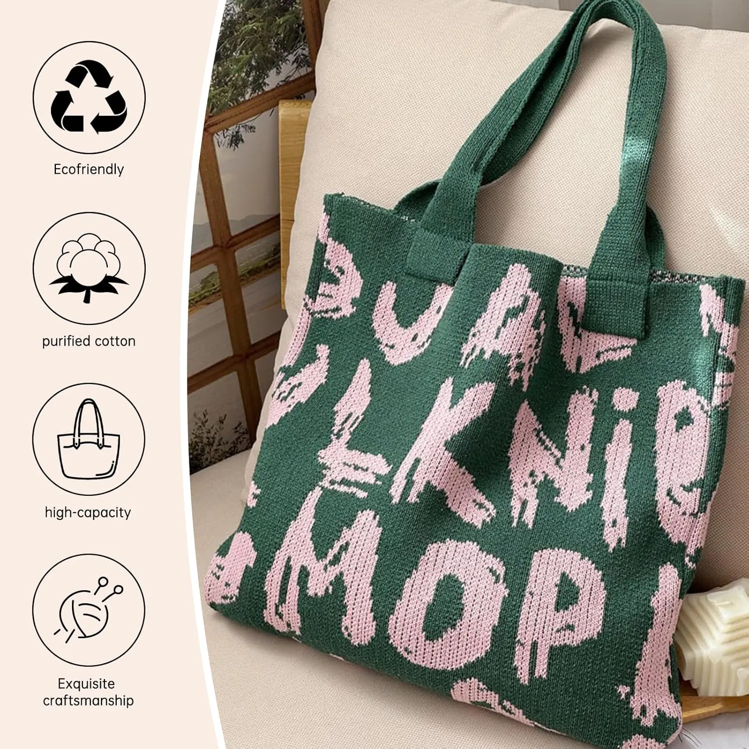 Alphabet Pattern Woven Canvas Beach Tote Bag