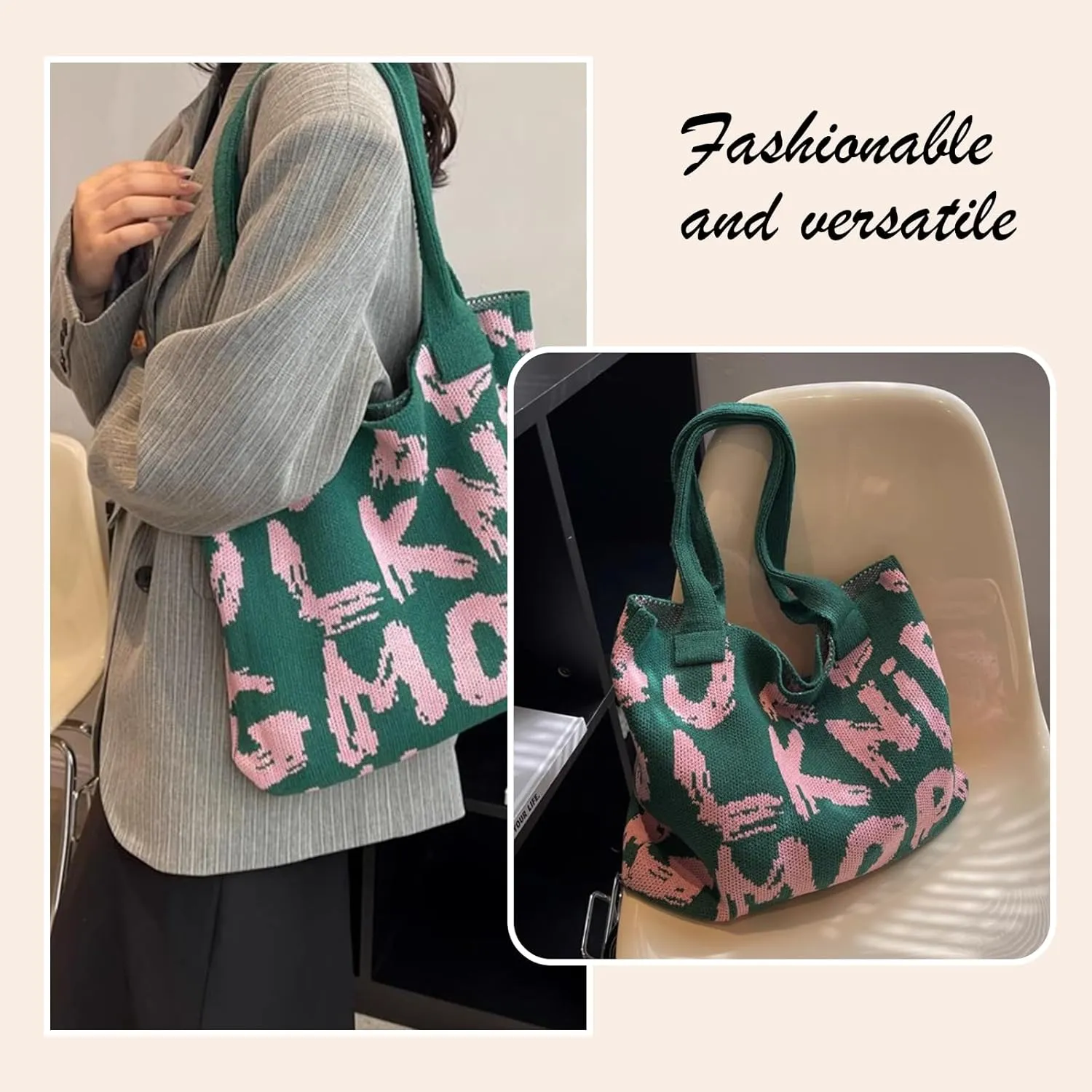Alphabet Pattern Woven Canvas Beach Tote Bag