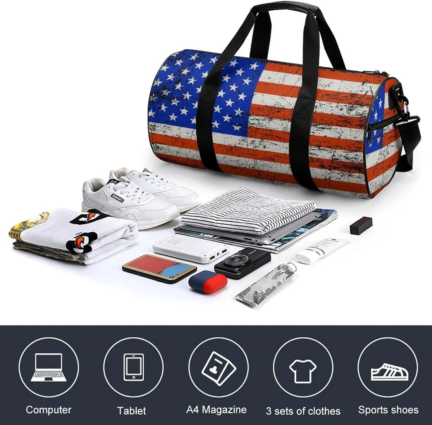America Usa Flag-Retro Sports Duffel Bag for Boys Girls Dry Wet Separation Overnight Gym Bag