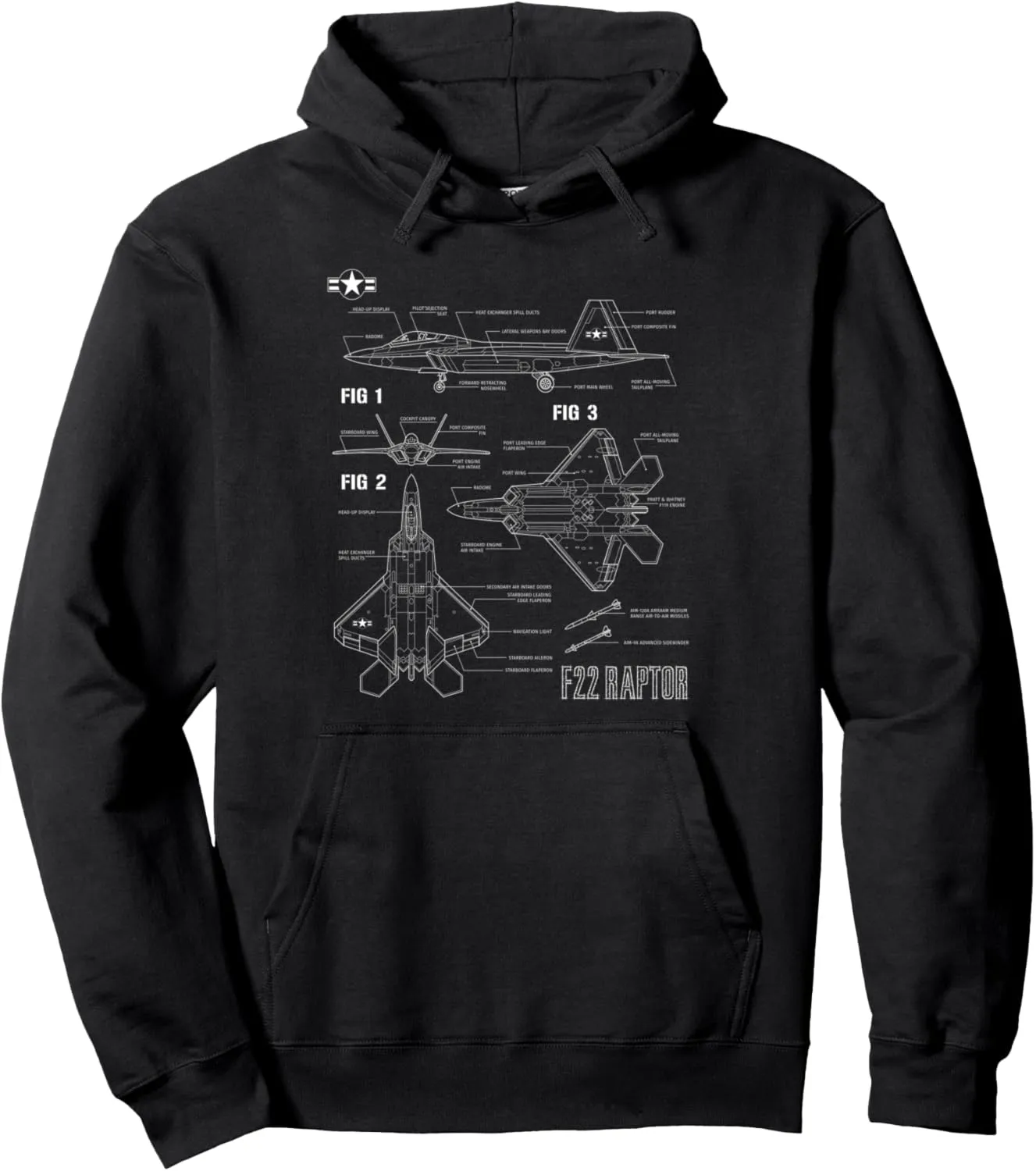 American Aircraft Stealth Fighter F22 Raptor Blueprint Pullover Hoodie