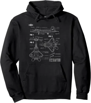 American Aircraft Stealth Fighter F22 Raptor Blueprint Pullover Hoodie