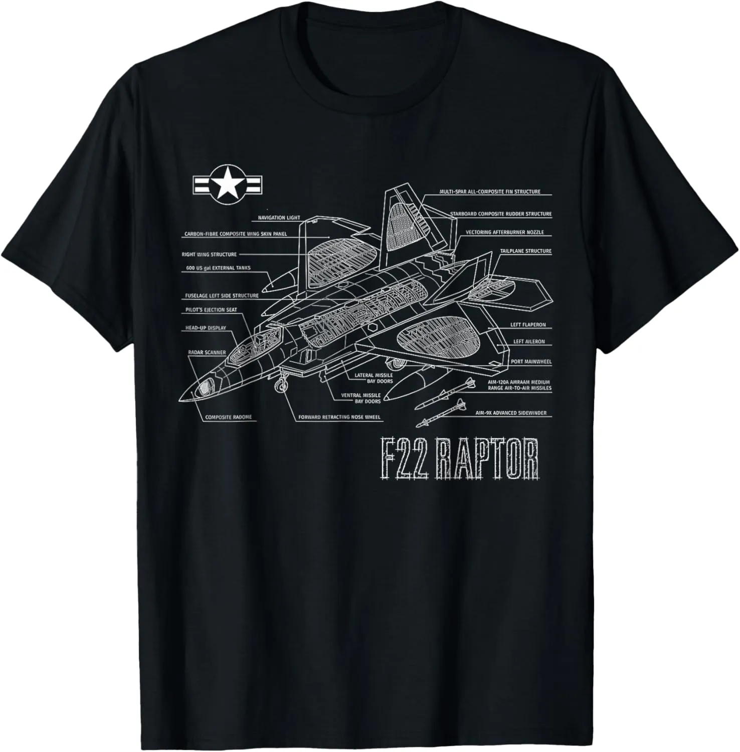 American Aircraft Stealth Fighter F22 Raptor Blueprint T-Shirt
