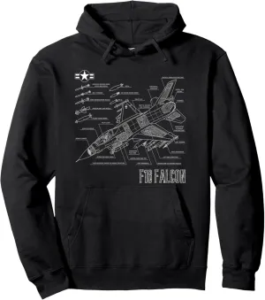 American Airforce Aircraft Fighter F16 Falcon Blueprint Pullover Hoodie