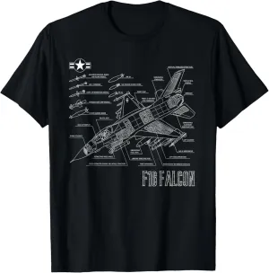 American Airforce Aircraft Fighter F16 Falcon Blueprint T-Shirt