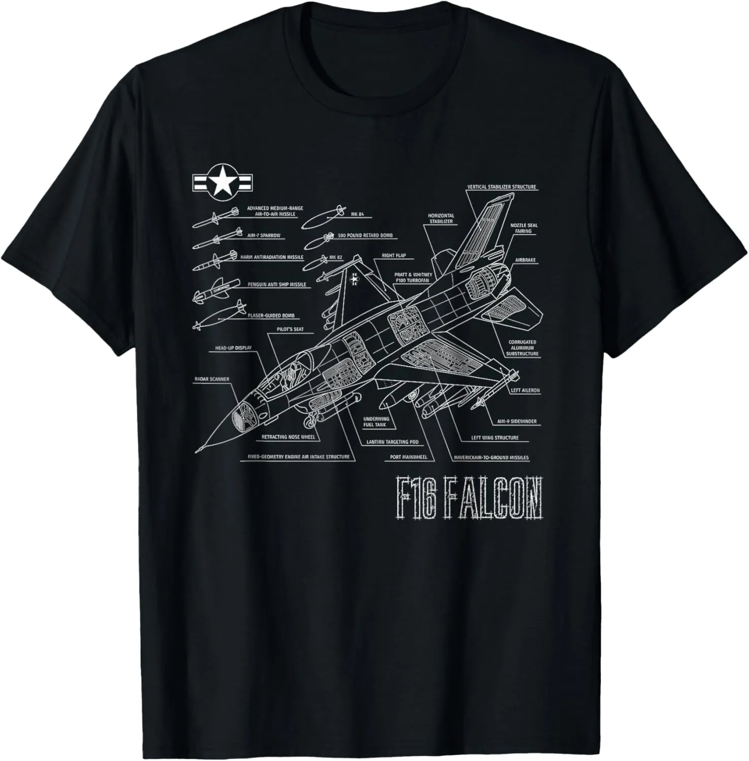 American Airforce Aircraft Fighter F16 Falcon Blueprint T-Shirt