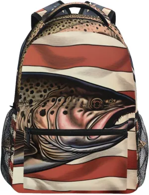 American Flag Trout Closeup Backpack Daypack Shoulder Bag Book Bag Lightweight Back Pack 11.4 ×16 In