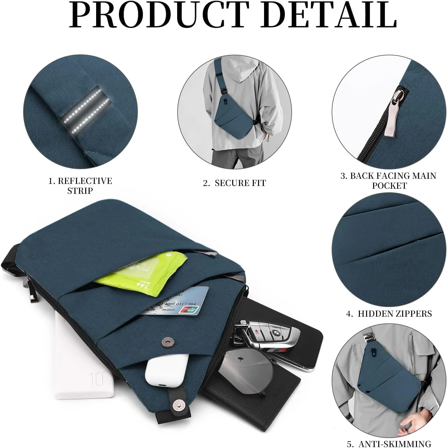 Anti Theft Crossbody Bag,Sling Bag for Women Men,Multi-pocket Chest Shoulder Bag for Travel, Sport, Work