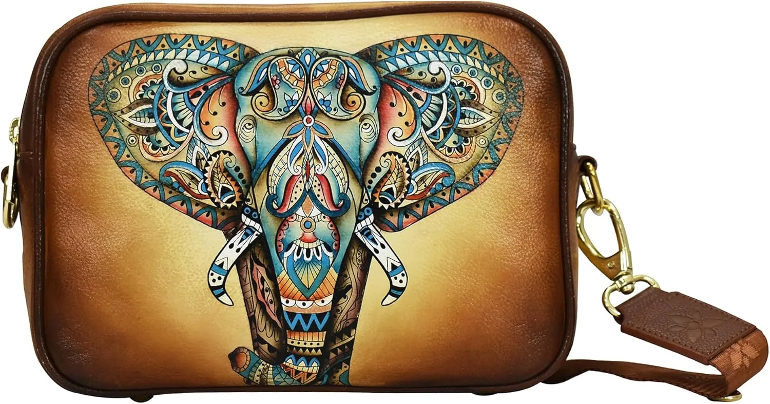 Anuschka Women’s Hand-Painted Genuine Leather Twin Top Messenger - Elephant Mandala