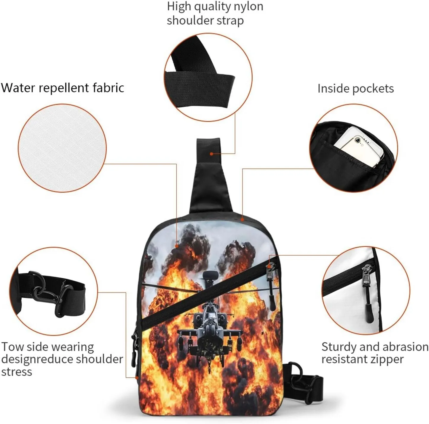 Apache Attack Helicopter Sling Bag for Men Women, Small Crossbody Sling Backpack Shoulder Chest Bag, Anti Theft Travel Hiking Sports