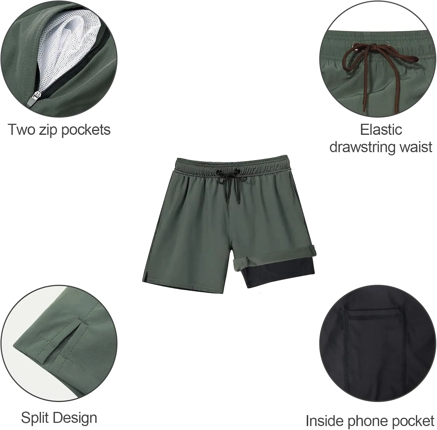 Arcweg Mens Swim Trunks with Compression Liner 2 in 1 Beach Swimming Trunks Quick Dry Swim Shorts with Zipper Pockets