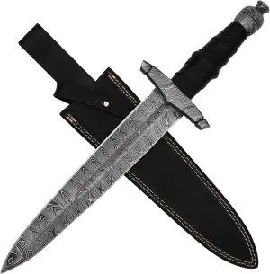 Armory Replicas™ - Full Tang Medieval Replica Dagger - Forged Damascus Steel Blade, Double Edged, Knightly Design with Genuine Leather Sheath