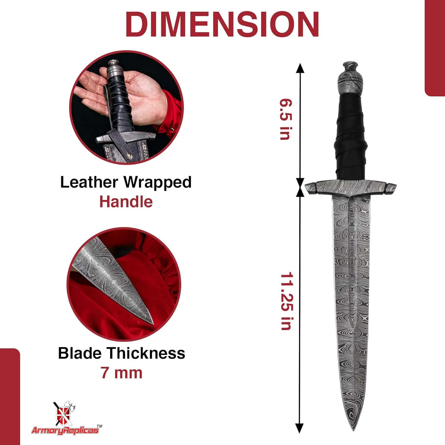 Armory Replicas™ - Full Tang Medieval Replica Dagger - Forged Damascus Steel Blade, Double Edged, Knightly Design with Genuine Leather Sheath