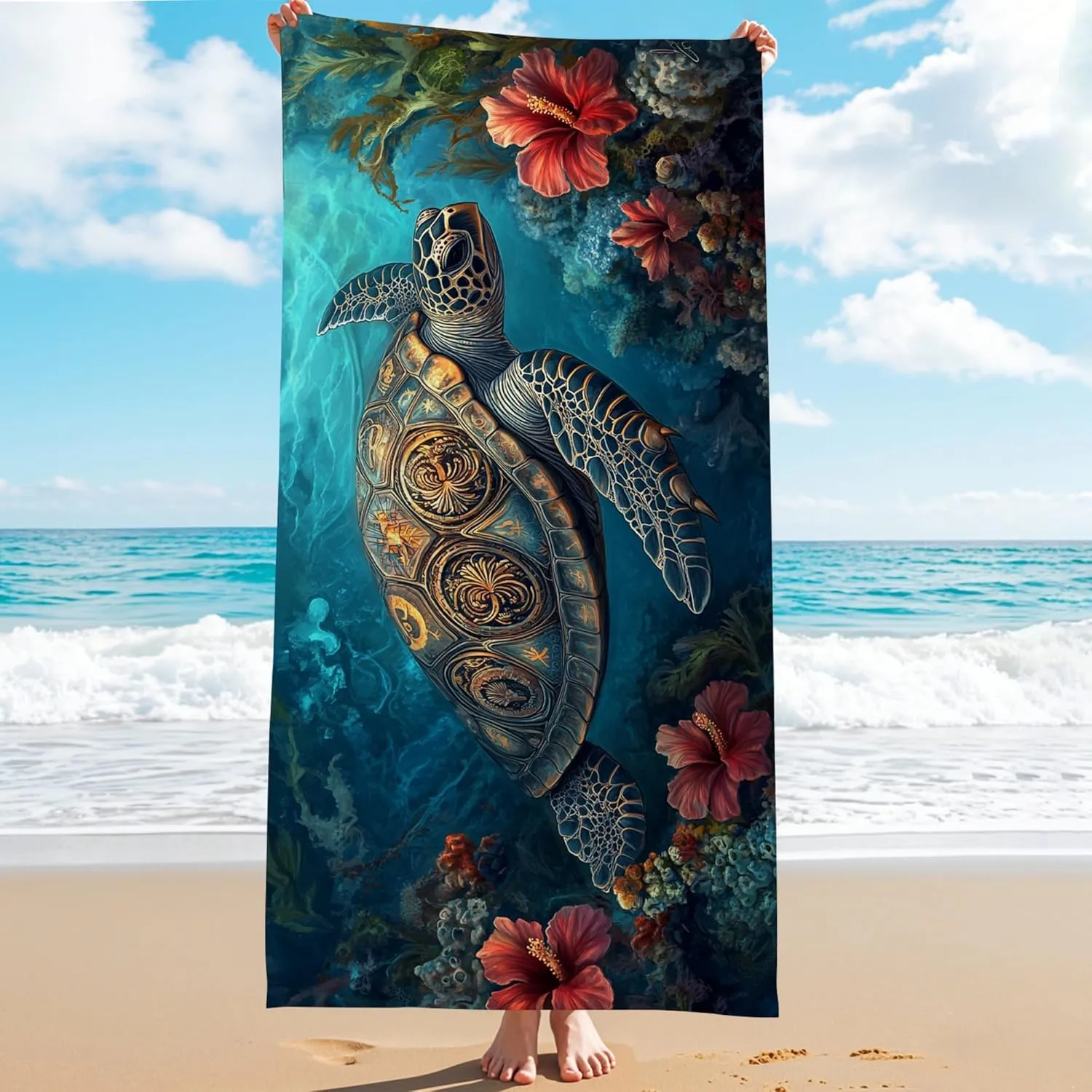 Artistic Turtle Microfiber Beach Towel Vibrant Ocean Sea Blue Ocean Creatures Design Quick Dry Absorbent Sand Free Lightweight Beach Blanket, Travel Pool Outdoor Picnic Essentials 62x31 Inch