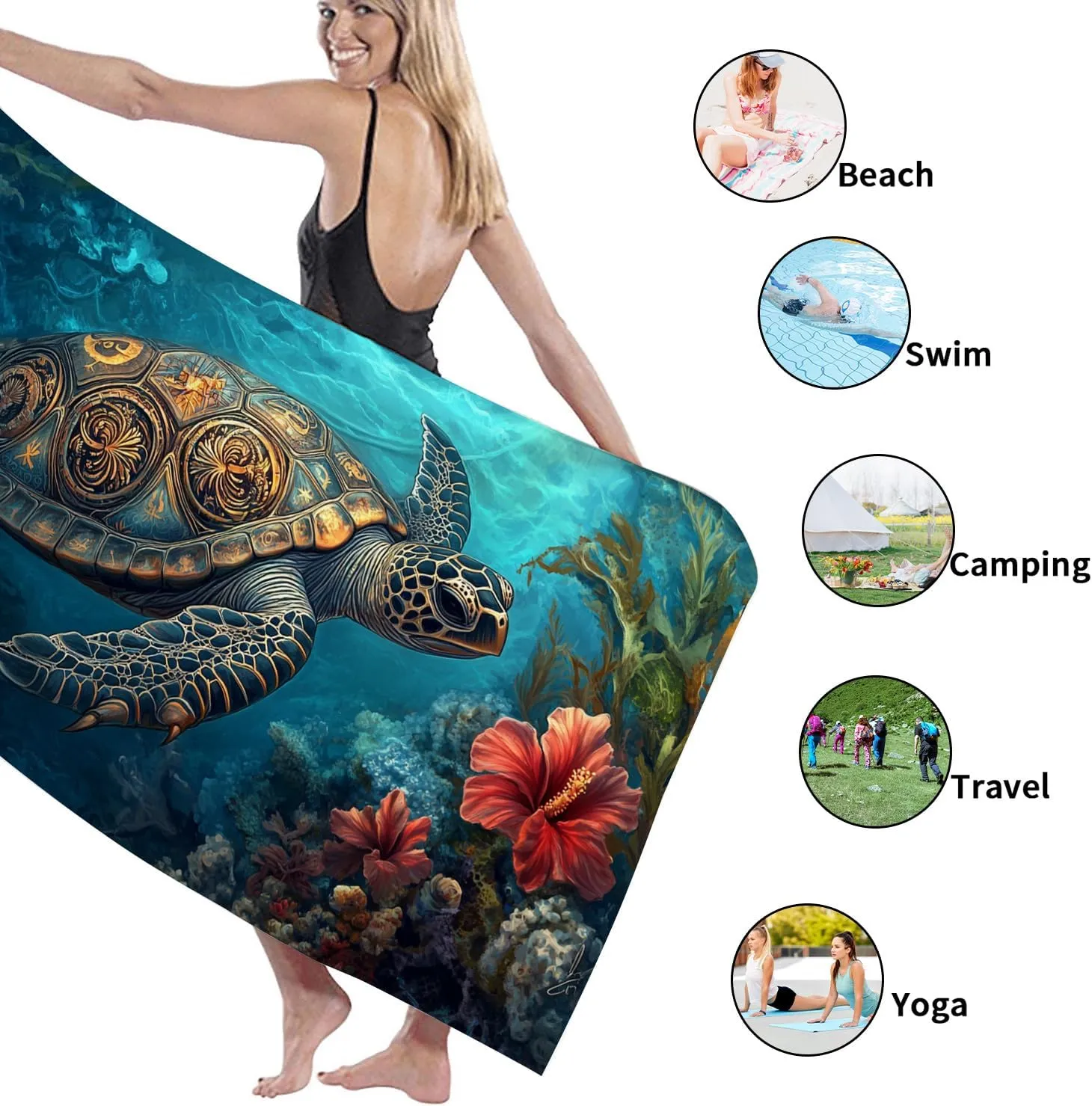 Artistic Turtle Microfiber Beach Towel Vibrant Ocean Sea Blue Ocean Creatures Design Quick Dry Absorbent Sand Free Lightweight Beach Blanket, Travel Pool Outdoor Picnic Essentials 62x31 Inch